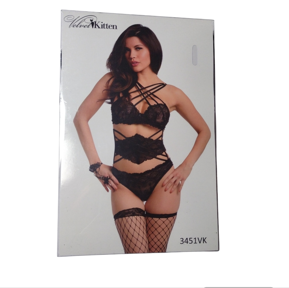 NWT - Velvet Kitten Lace Yourself Bondage Lingerie Set - Black Size Medium